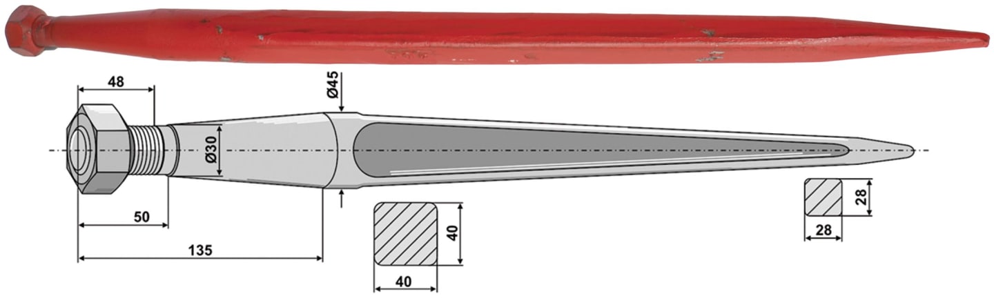 Industriehof® Frontladerzinken, M 28 x 1,5 AG, spitz, gerade, für Kverneland, Redrock, Schäffer, Van Lengerich
