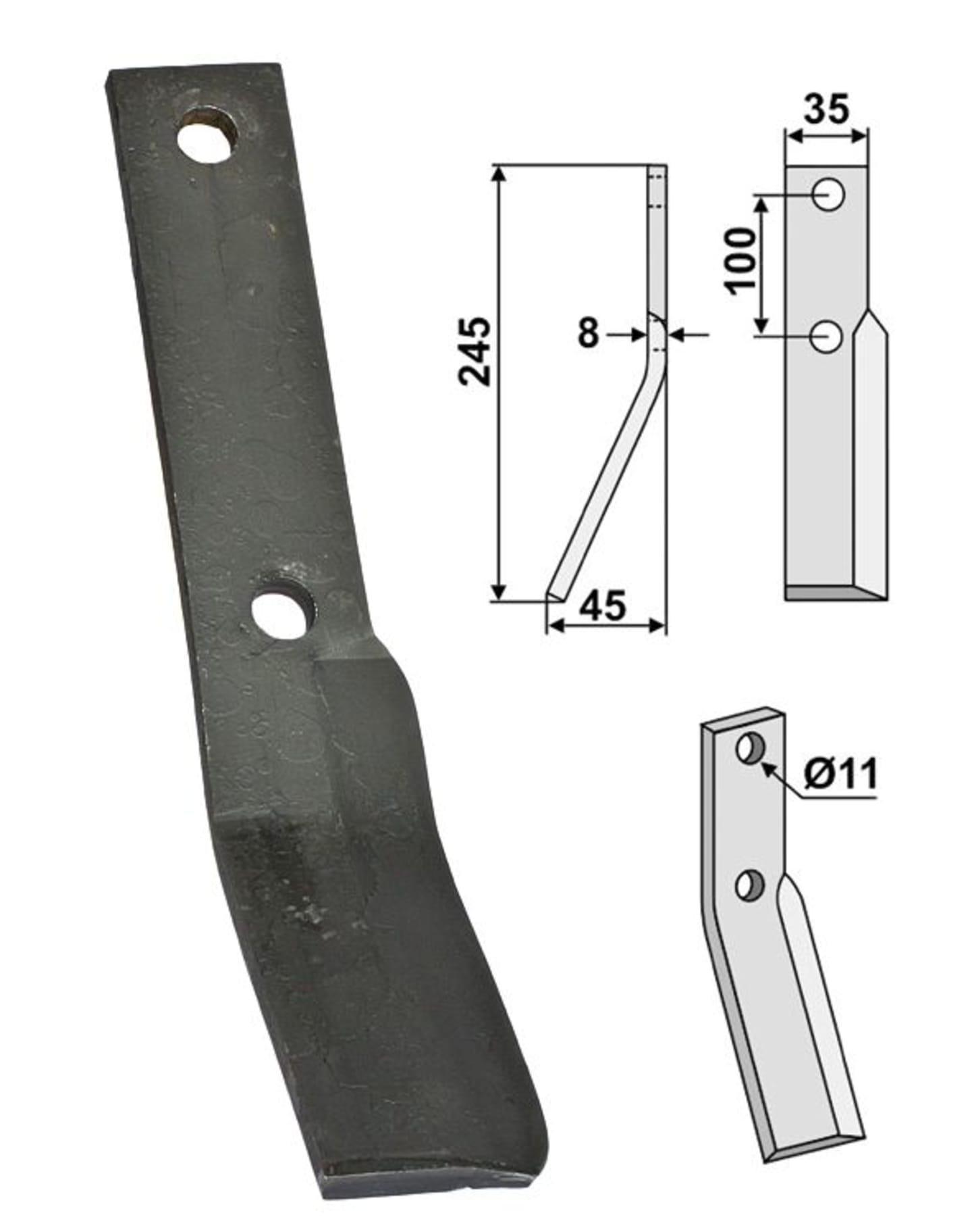 Industriehof® Rotorzinken links/rechts 245 x 35 x 8 mm, Bohrung 11 mm für Berti, Simon