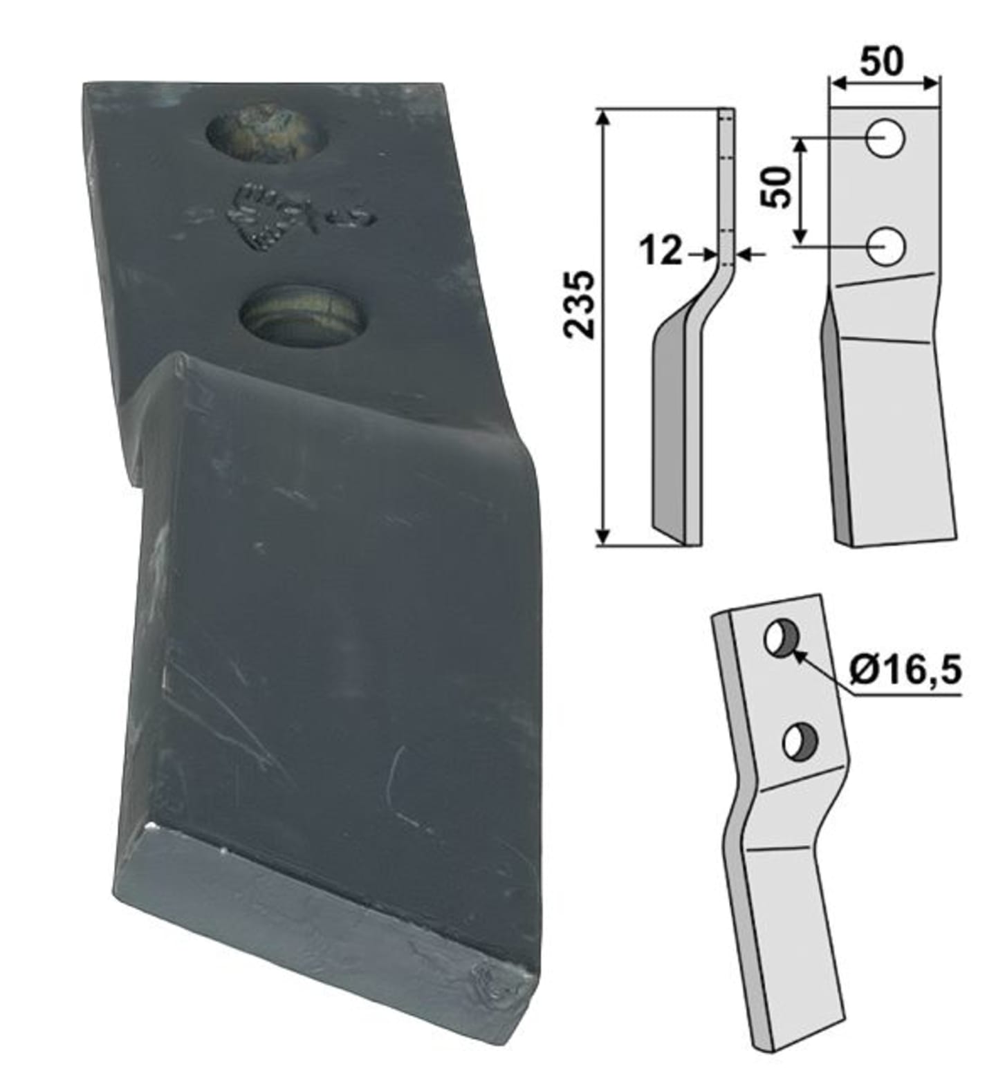 Industriehof® Rotorzinken links/rechts 235 x 50 x 12 mm, Bohrung 16,5 mm für Howard