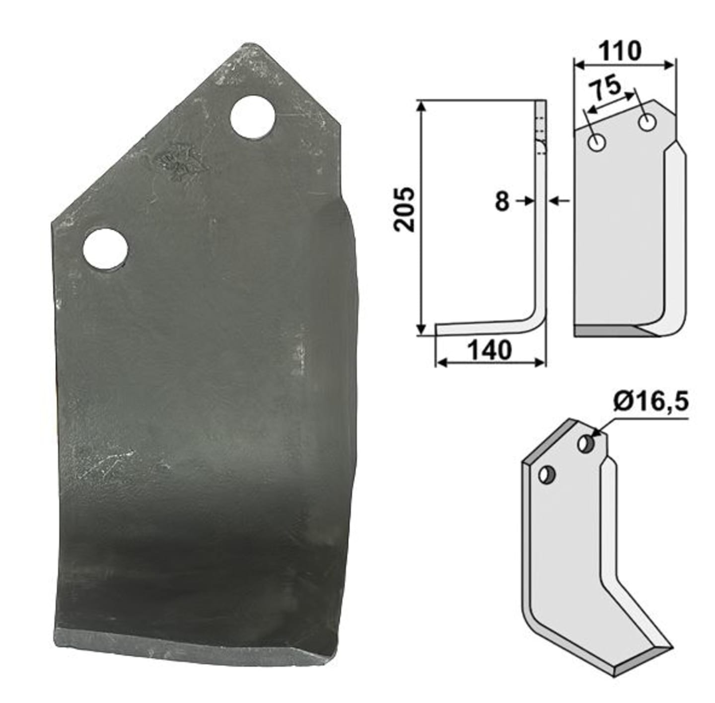 Industriehof® Fräsmesser links/rechts 205 x 110 x 8 mm, Bohrung 16,5 mm, für Krone