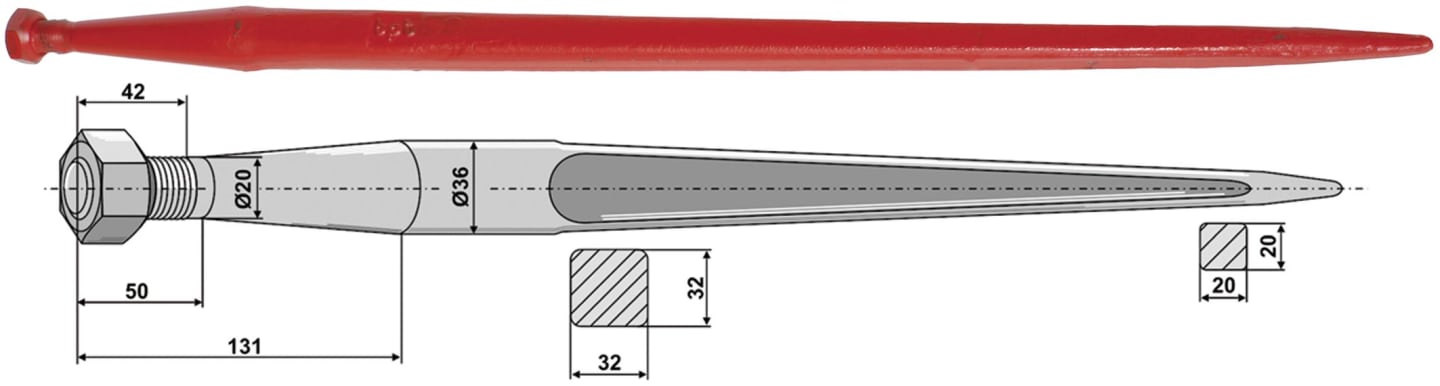 Industriehof® Frontladerzinken 810 mm, M 20 x 1,5 AG, spitz, gerade, für Alö, Baas, Trima, Kongskilde, Kverneland, Zenz-Chief, 18805