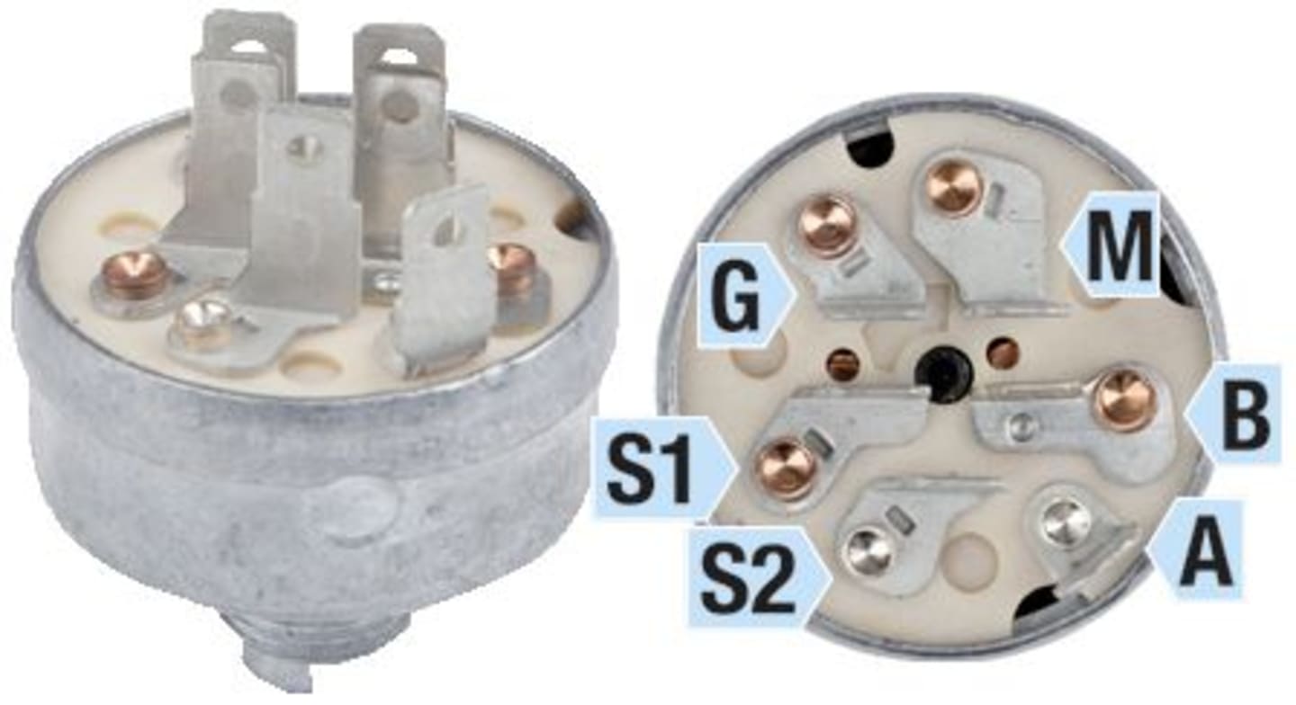 Zündschloss "Indak" Einbaumaß Ø 14,5 mm, 6 x Steckanschluss, 3 Positionen, für John Deere Rasentraktor, Rasenmäher
