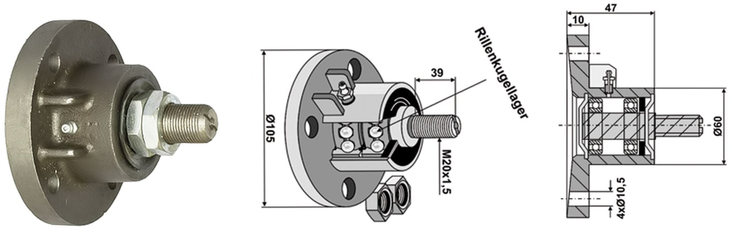 Industriehof® Scheibenlager mit nach innen gewölbter Auflagefläche, Ø außen 105 mm; 60 mm, M 20 x 1,5 AG, Höhe 47 mm, Lochkreis 86 mm, 31-L1B