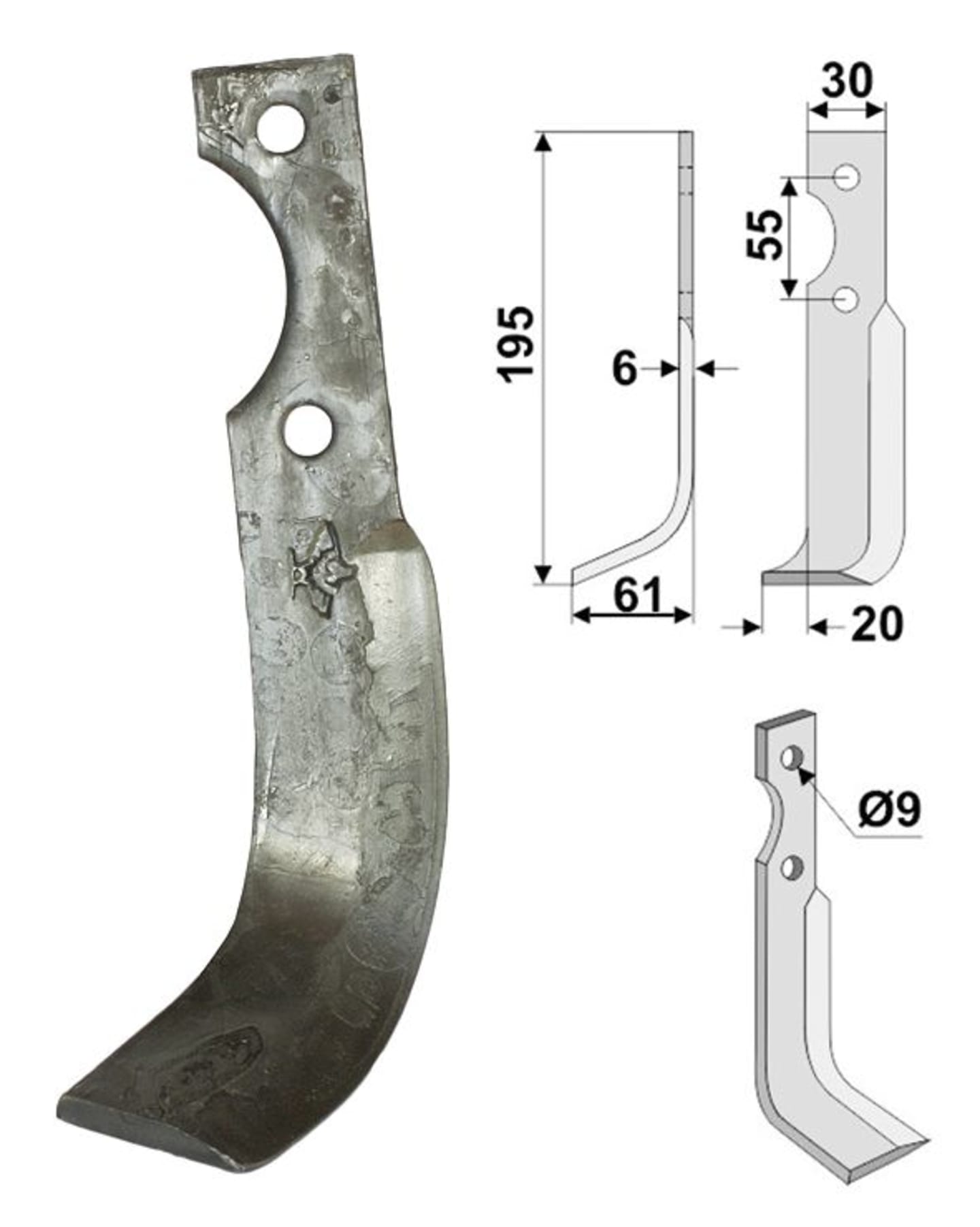 Industriehof® Fräsmesser links/rechts 195 x 30 x 6 mm, Bohrung 9 mm, für Grillo
