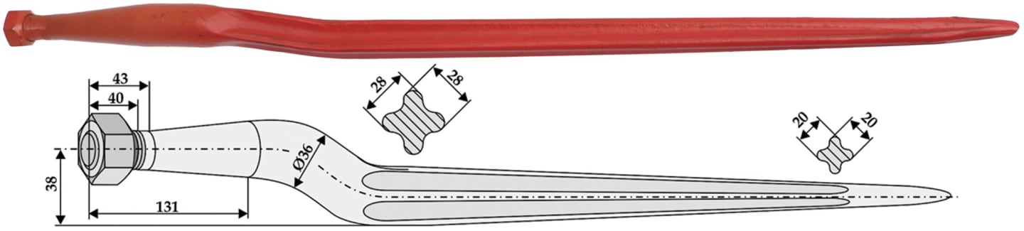 Industriehof® Silozinken 810 mm, M 22 x 1,5 AG, spitz, gekröpft, für Weidemann, 18828