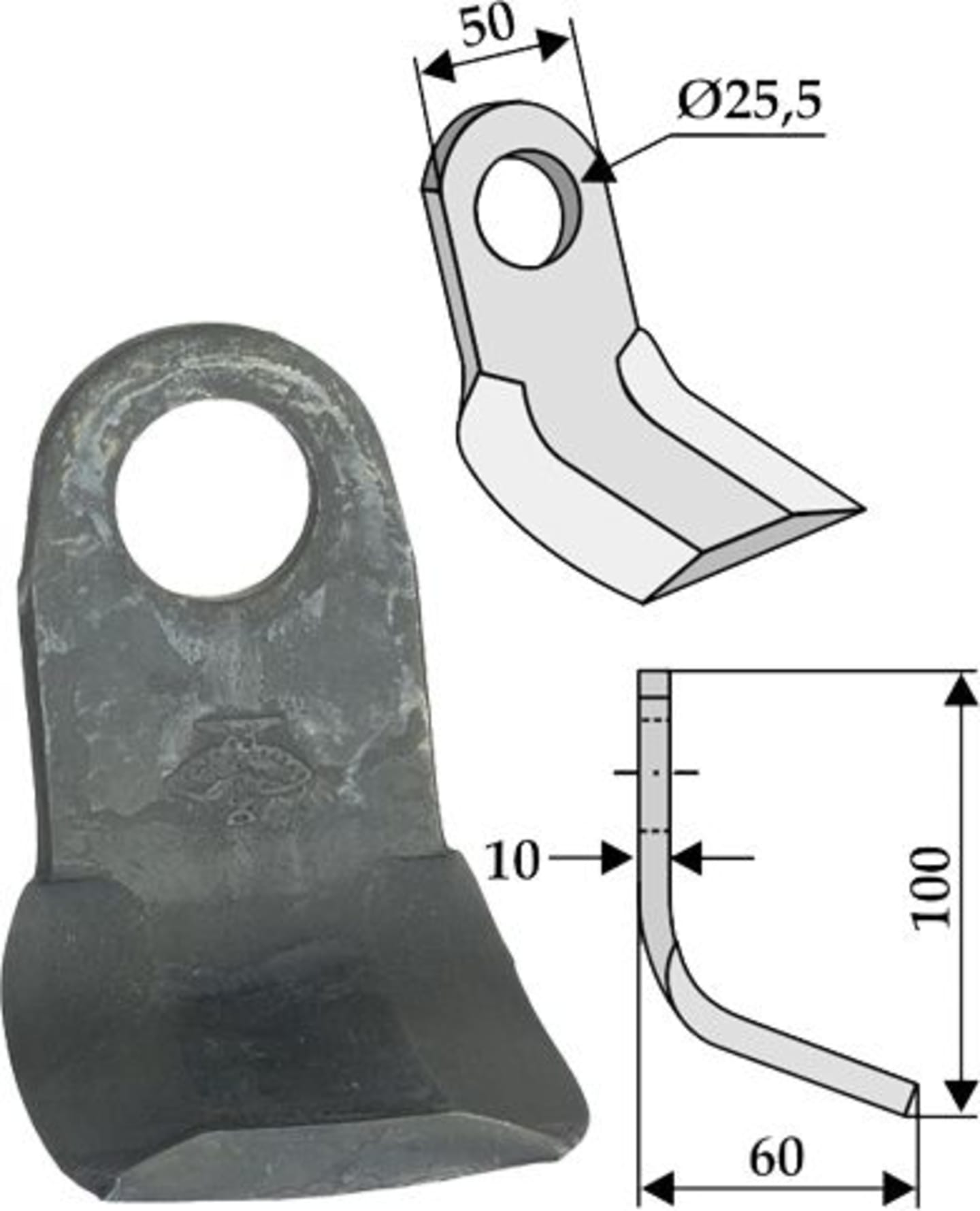 Industriehof® Y-Messer 100 x 50 x 10 mm, Bohrung 25,5 mm, für Mulcher Howard, Seppi, 63-HOW-48