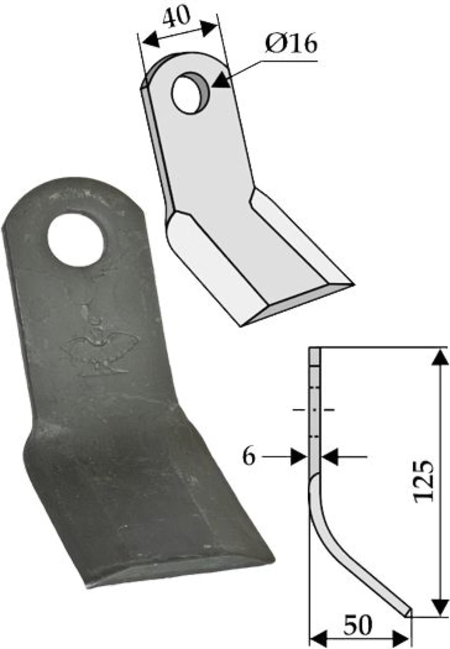 Industriehof® Y-Messer 125 x 40 x 6 mm, Bohrung 16 mm, für Mulcher Bucher, Procomas, 63-PRO-02
