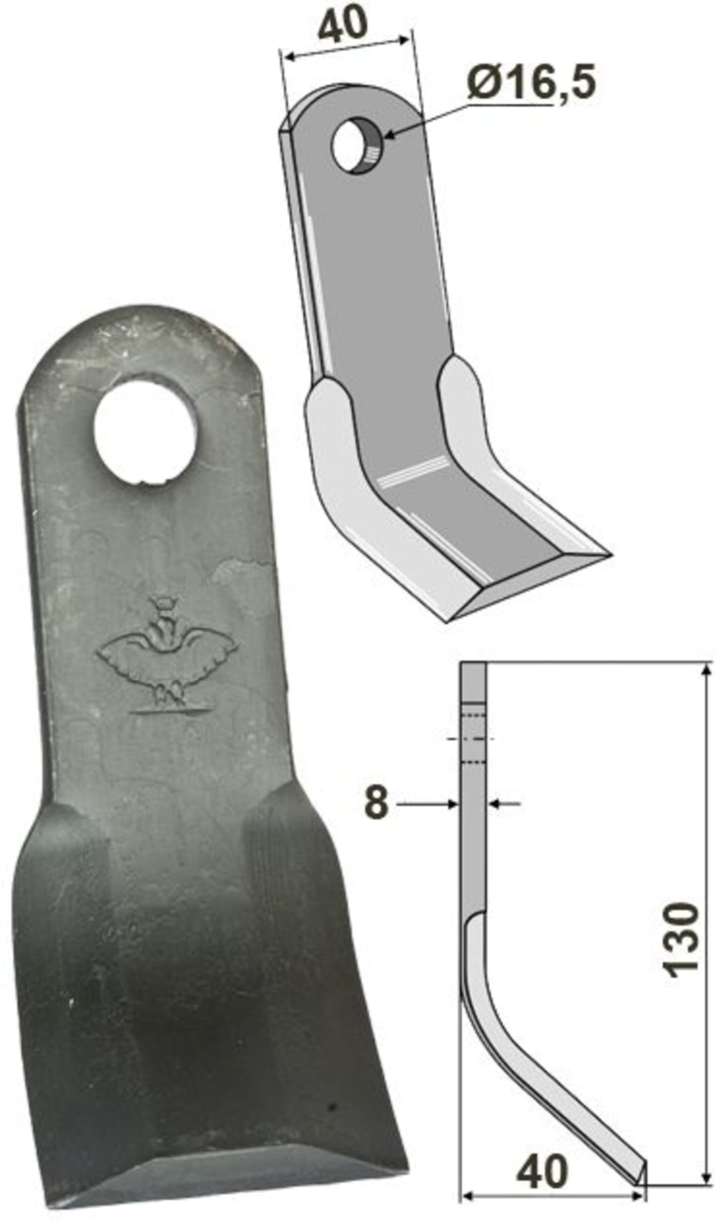 Industriehof® Y-Messer 130 x 40 x 8 mm, Bohrung 16,5 mm, Tiefe 40 mm, für Ferri, 63-FEI-45