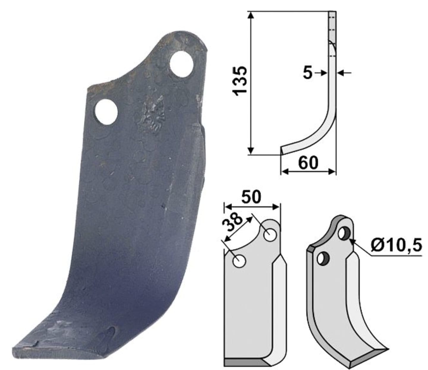 Fräsmesser 135 x 60 x 5 mm Bohrung 10,5 mm rechts für Agria Bodenfräse 1600, 2400, 2600