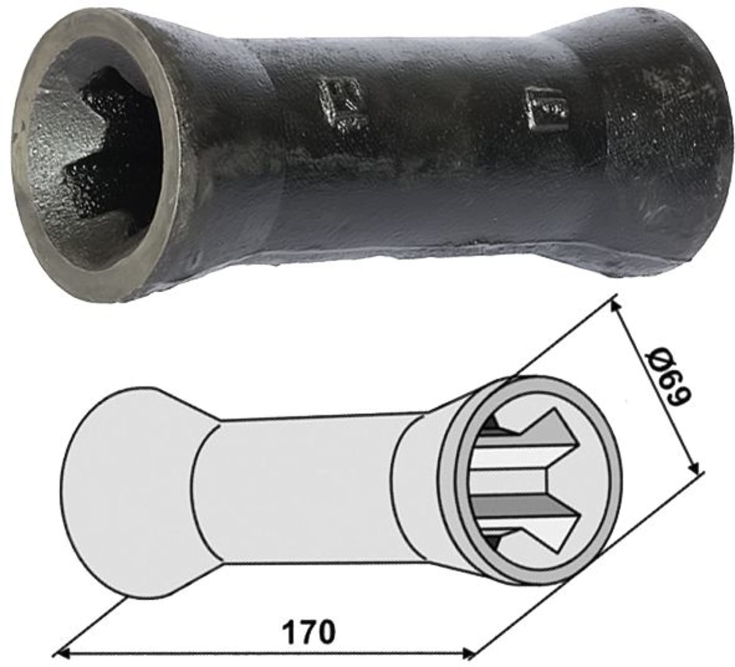 Industriehof® Zwischenstück, Länge 170 mm, Ø außen 69 mm, für universal 26 x 26 Vierkantwellen, 31-0077