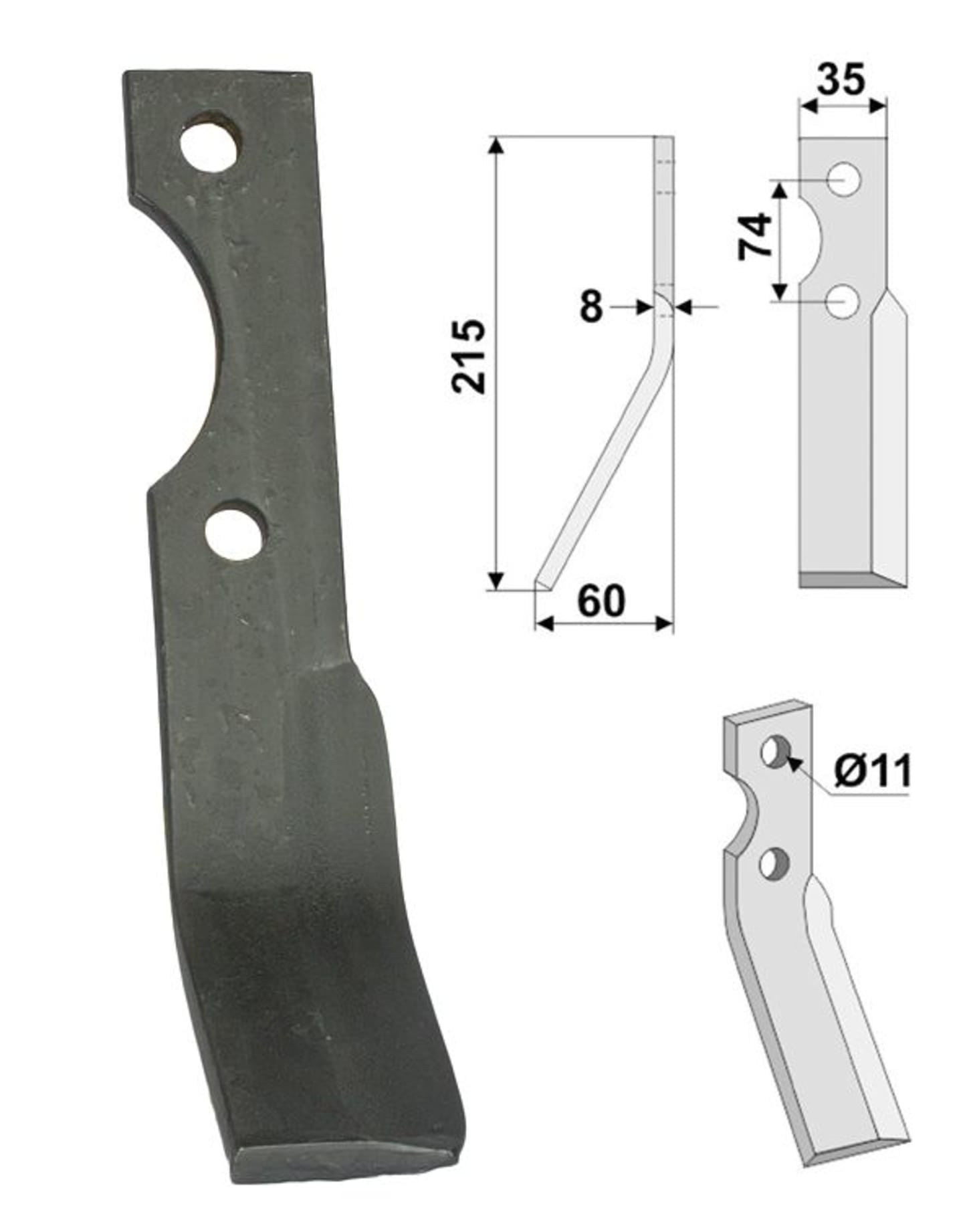 Industriehof® Rotorzinken links/rechts 215 x 35 x 8 mm, Bohrung 11 mm für Simon