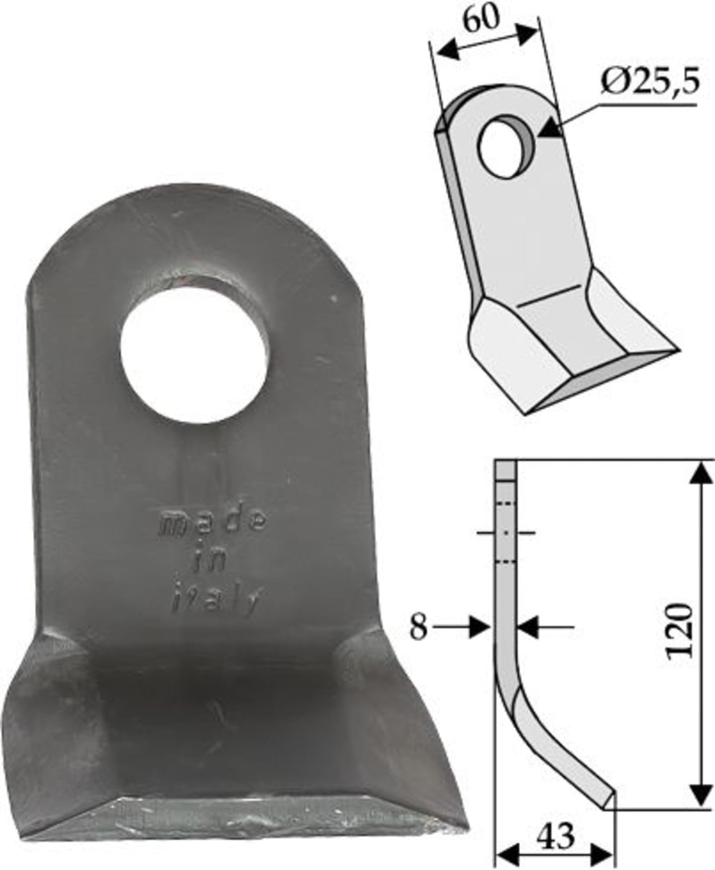 Industriehof® Y-Messer 120 x 60 x 8 mm, Bohrung 25,5 mm, Tiefe 43 mm, für Ferri, 63-FEI-29