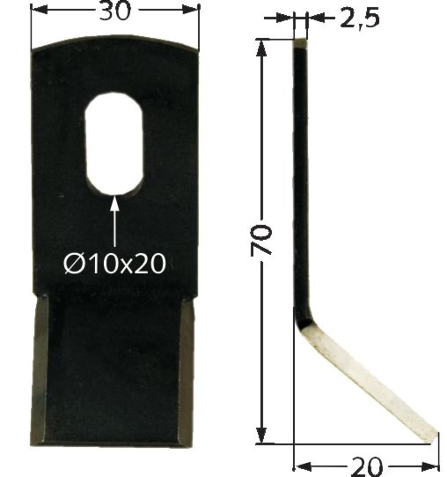 Industriehof® Y-Messer 70 x 30 x 2,5 mm, Bohrung 20 x 10 mm, für Mulcher Cosma, Ferri, Howard, Orsi, 63-AGR-52