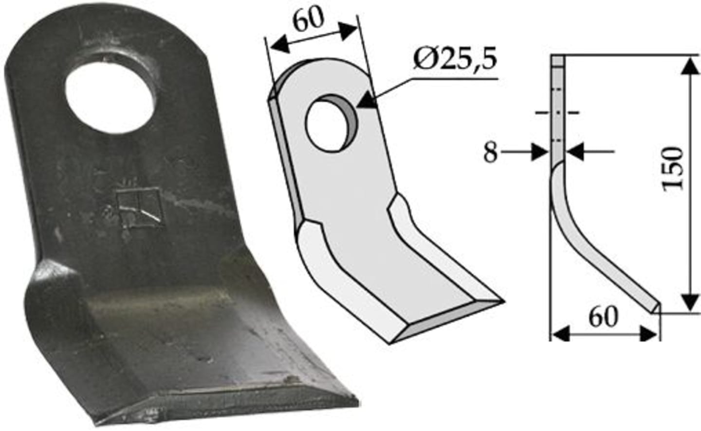 Industriehof® Y-Messer 150 x 60 x 8 mm, Bohrung 25,5 mm, für Mulcher Fehrenbach, Sauerburger, 63-SAU-04
