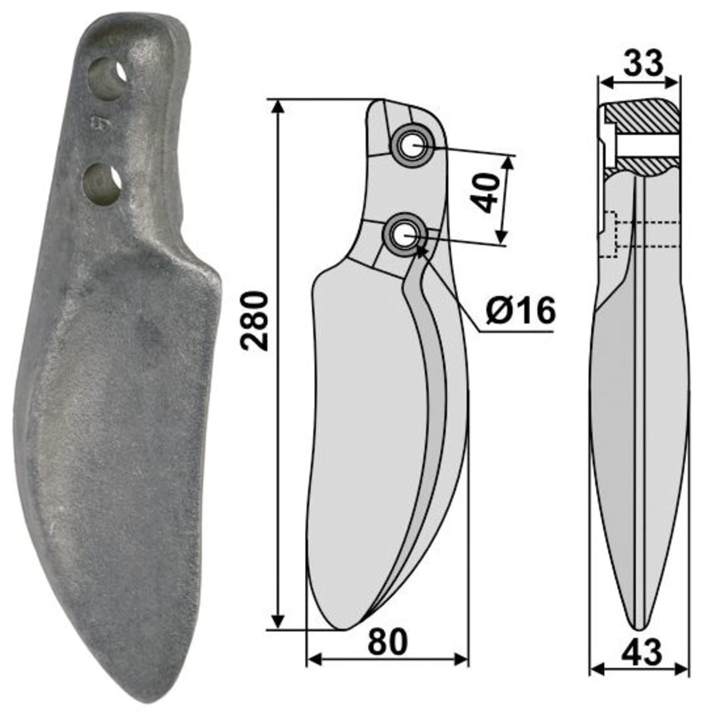 Industriehof® Rotorzinken links/rechts 280 x 43 x 80 mm, Bohrung 16 mm für Dutzi, RH-106/D