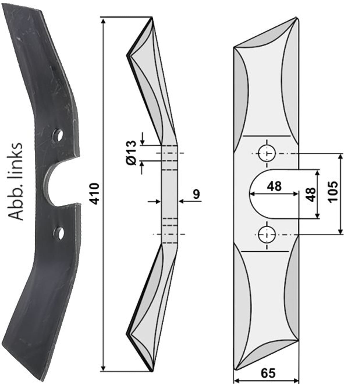 Industriehof® Rollspatenmesser links/rechts 410 x 65 x 9 mm Bohrung 13 mm für Direktsaatmaschine "Pöttinger-Rabe"