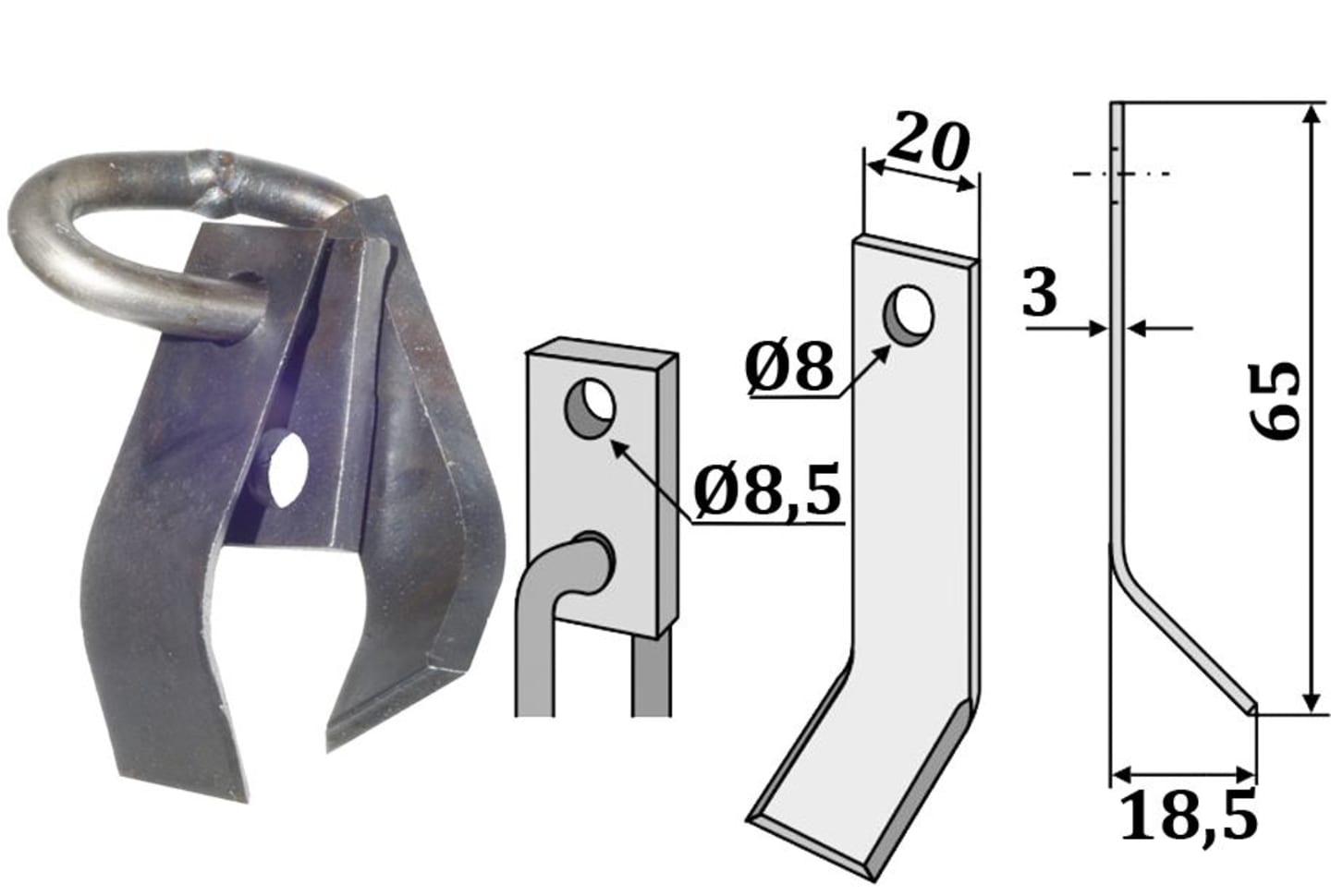 Industriehof® Y-Messer 65 x 20 x 3 mm, Bohrung 8,5 x 8 mm, für Mulcher Rapid, Tornedo, Kubota, 63-TOR-52