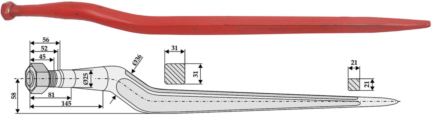 Industriehof® Silozinken 830 mm, M 24 x 1,5 AG, spitz, gekröpft, für Zens-Chief, 18846