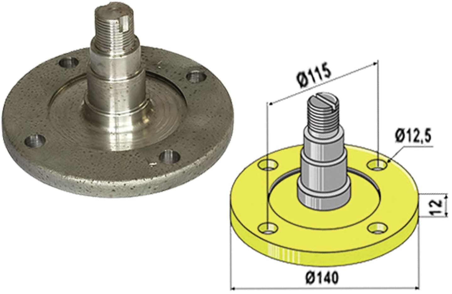 Industriehof® Lagerflansch mit Achse, Ø außen 140 mm, Lochkreis 115 mm, Bohrung 12,5 mm, 31-0505
