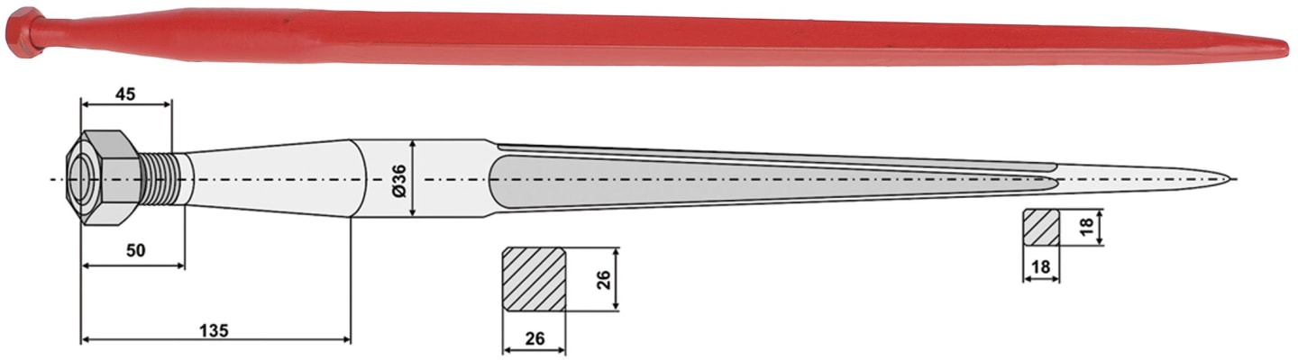 Industriehof® Frontladerzinken 800 mm, M 20 x 1,5 AG, Vierkant 26 x 26 mm, spitz, gerade, für Stoll, 18841