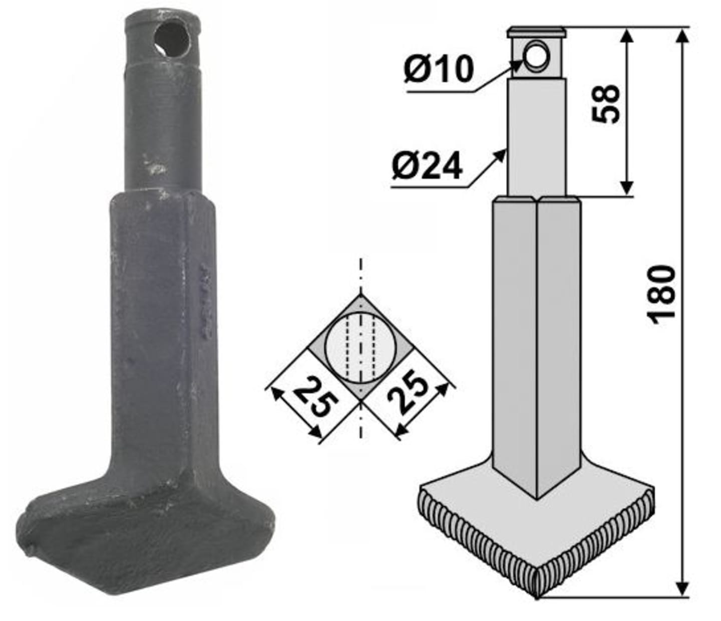 Industriehof® Rotorzinken links/rechts 180 x 25 x 25 mm, mit aufgeschweißter Verschleißzone, Bohrung 10 mm für Rau, RH90S
