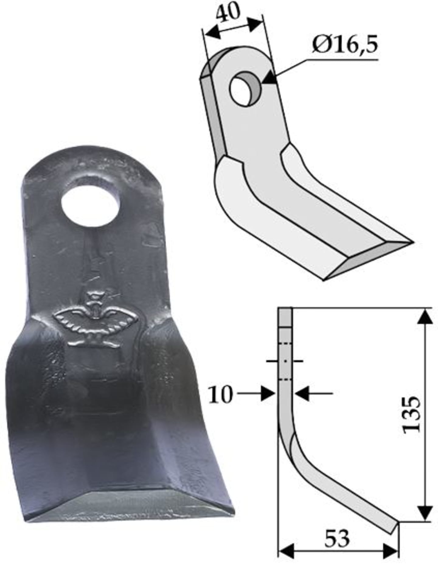 Industriehof® Y-Messer 135 x 40 x 10 mm, Bohrung 16,5 mm, für Mulcher Aedes, Pircher, 63-AED-08