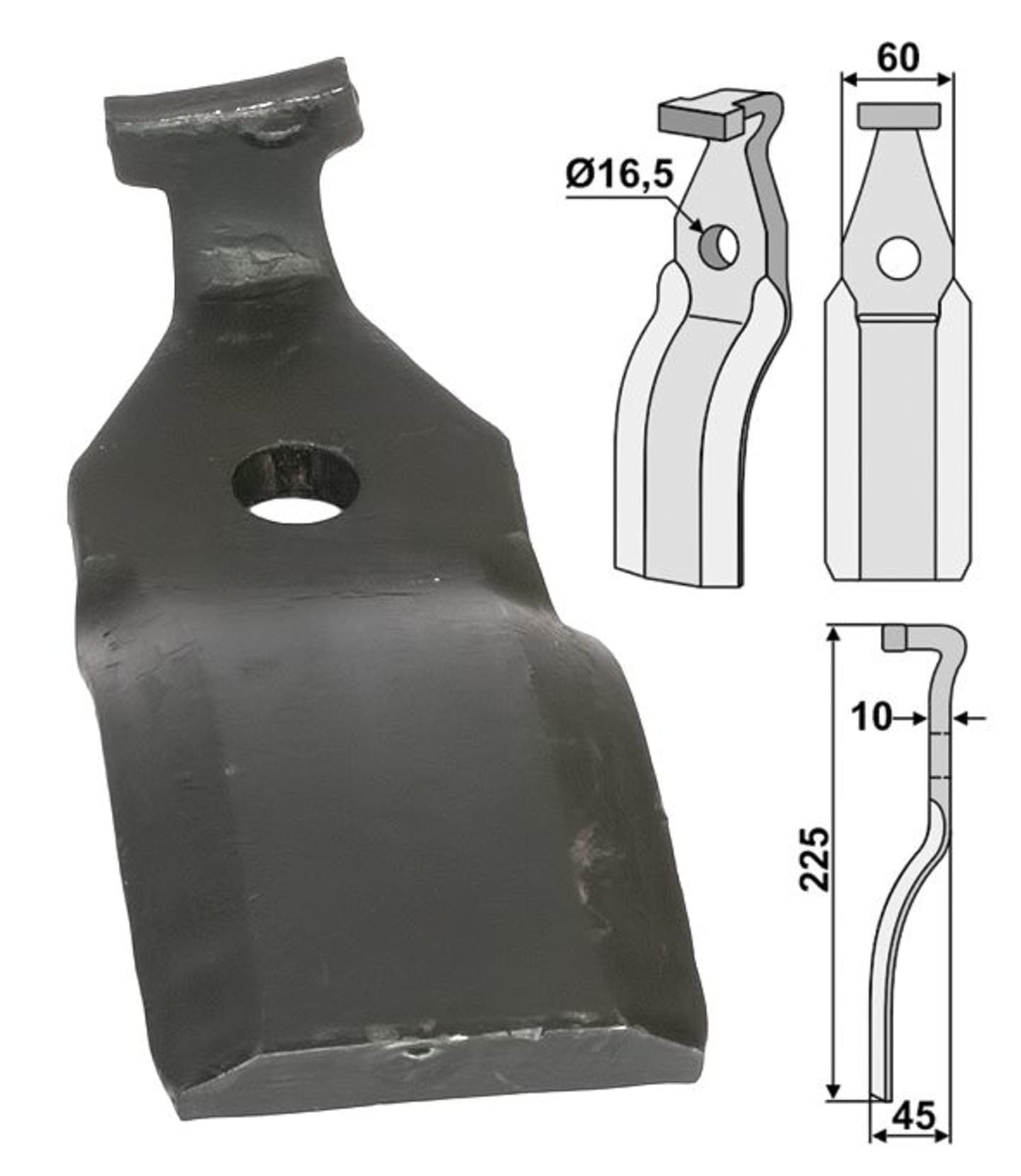 Industriehof® Rotorzinken links/rechts 225 x 60 x 10 mm, Bohrung 16,5 mm für Pegoraro, PEG-15