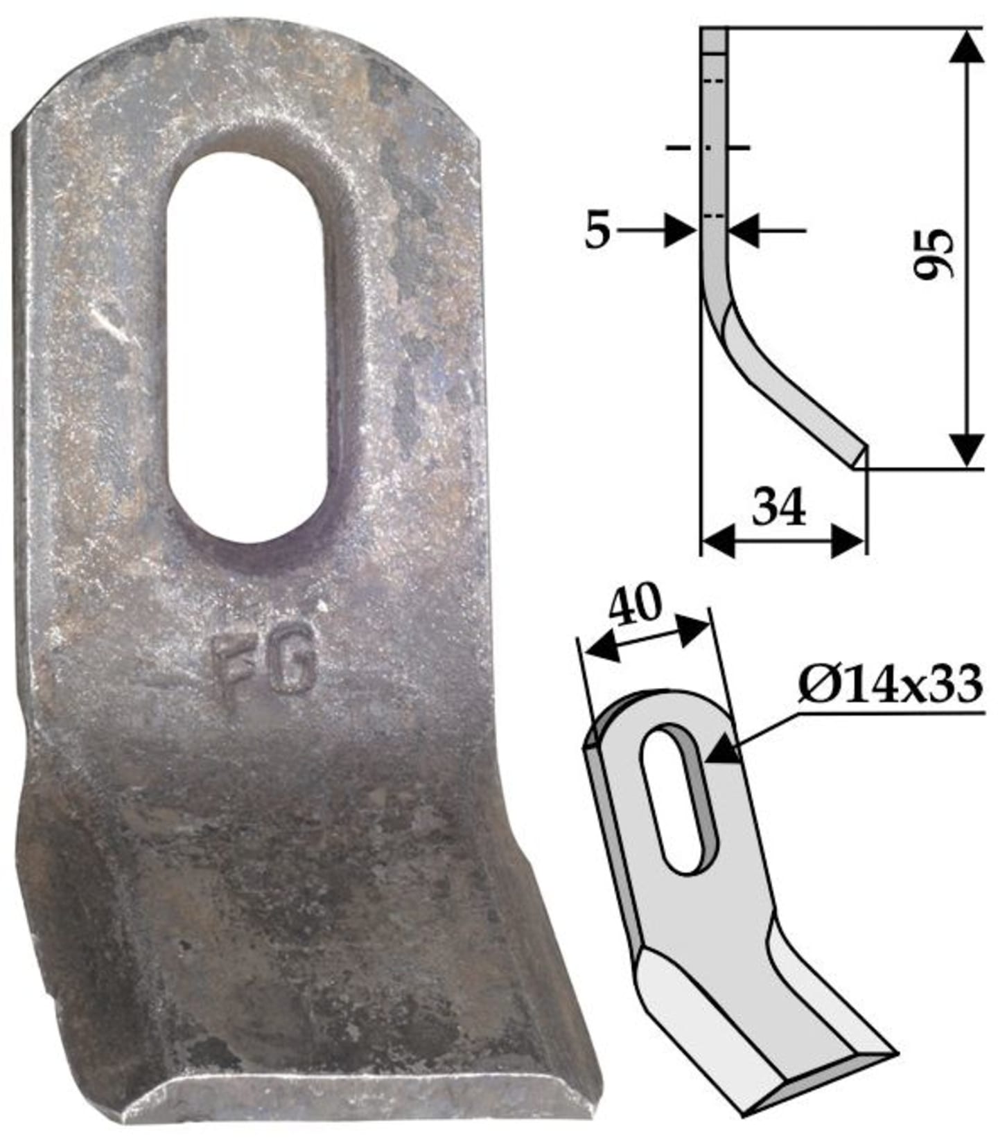 Industriehof® Y-Messer 95 x 40 x 5 mm, Bohrung 33 x 14 mm, für Mulcher Fischer, 63-UNI-01