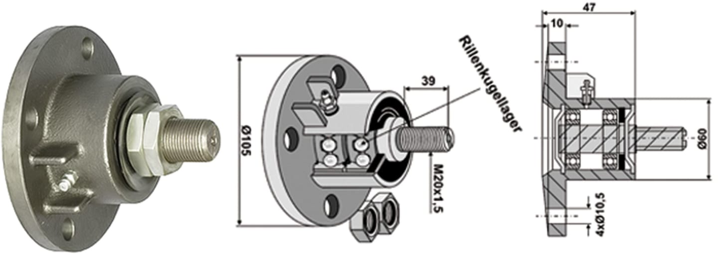 Industriehof® Scheibenlager mit nach außen gewölbter Auflagefläche, Ø außen 105 mm; 60 mm, M 20 x 1,5 AG, Höhe 47 mm, Lochkreis 86 mm, 31-L1A