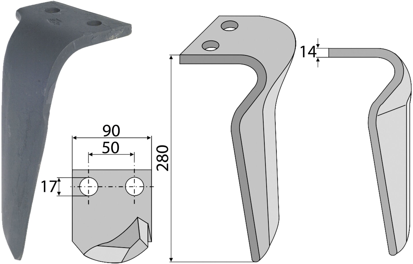 Industriehof® Kreiseleggenzinken rechts 90 x 280 x 14 mm für Kreiselegge Maschio, RH-MAS 51R