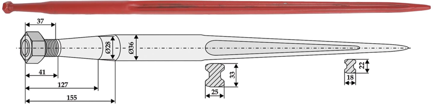 Industriehof® Frontladerzinken 1.100 mm, M 22 x 1,5 AG, spitz, gerade, für Hydrac, 181115