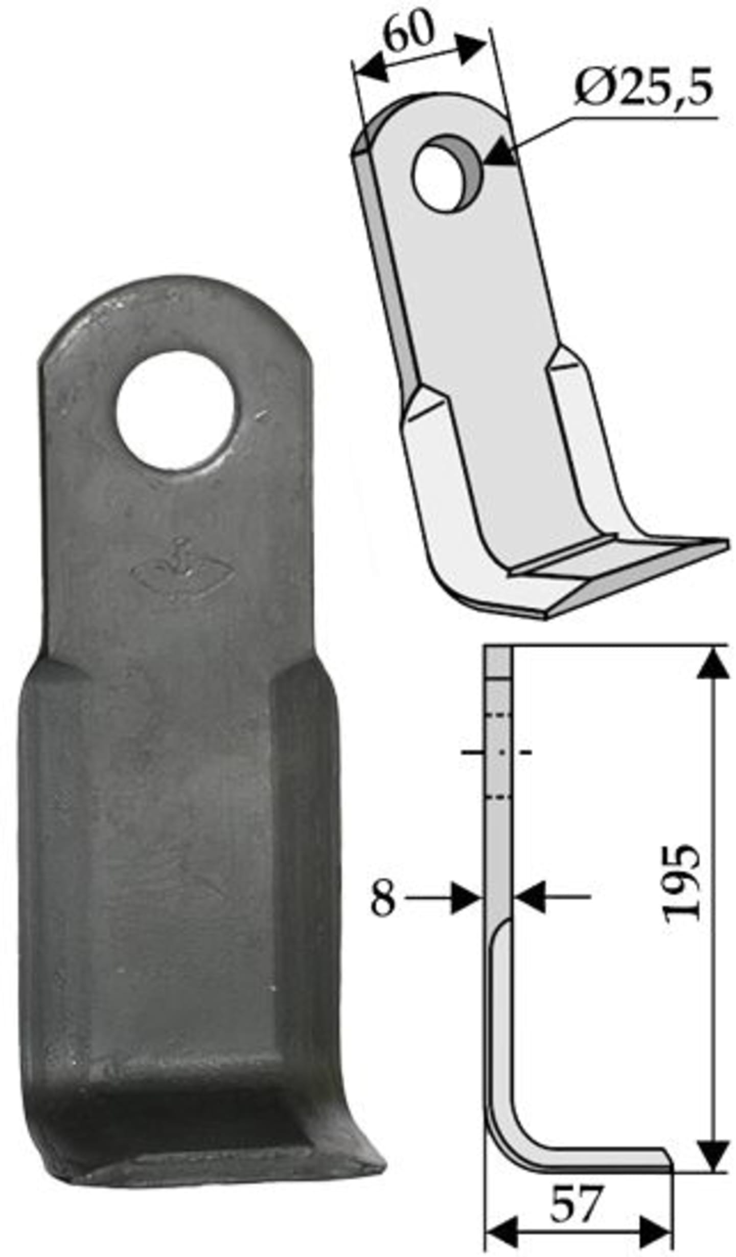 Industriehof® Y-Messer 195 x 60 x 8 mm, Bohrung 25,5 mm, Tiefe 57 mm, für Quivogne, 63-SIC-03