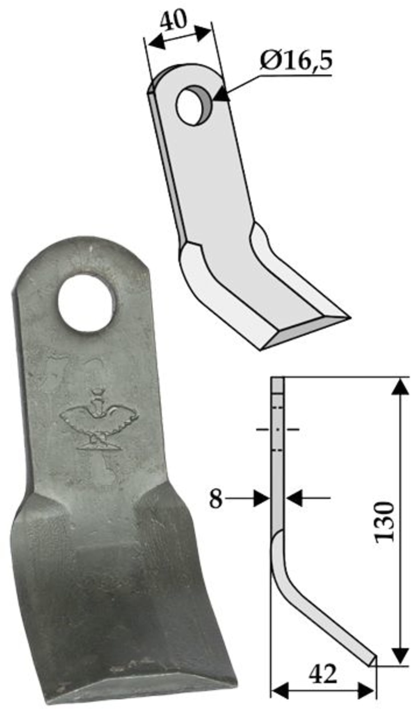 Industriehof® Y-Messer 130 x 40 x 8 mm, Bohrung 16,5 mm, für Mulcher Kuhn, Vogel & Noot, 63-NOB-16