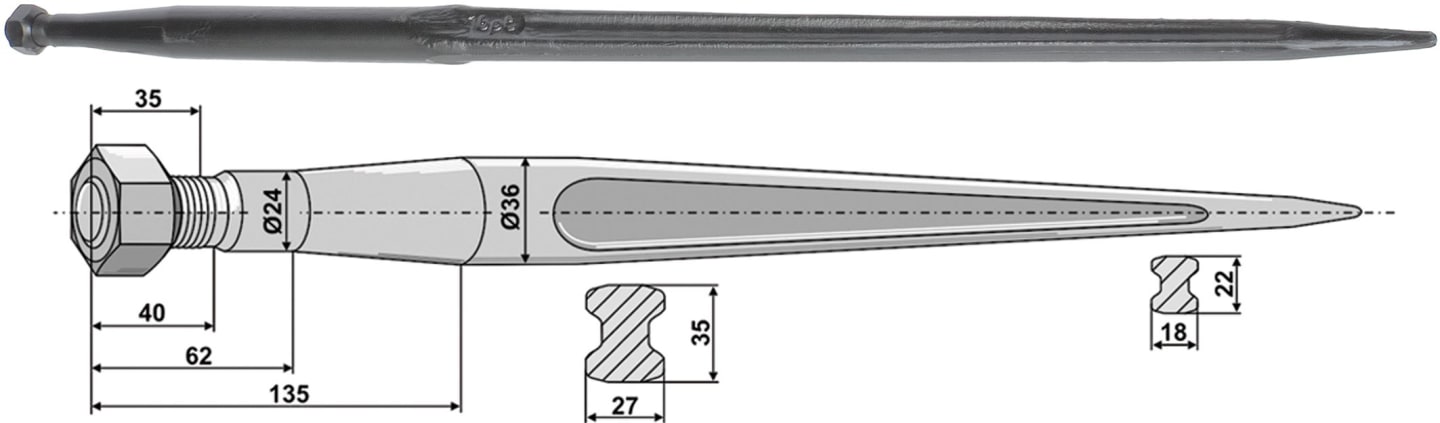 Industriehof® Frontladerzinken 900 mm, M 22 x 1,5 AG, spitz, gerade, für Baas, Trima, 18917