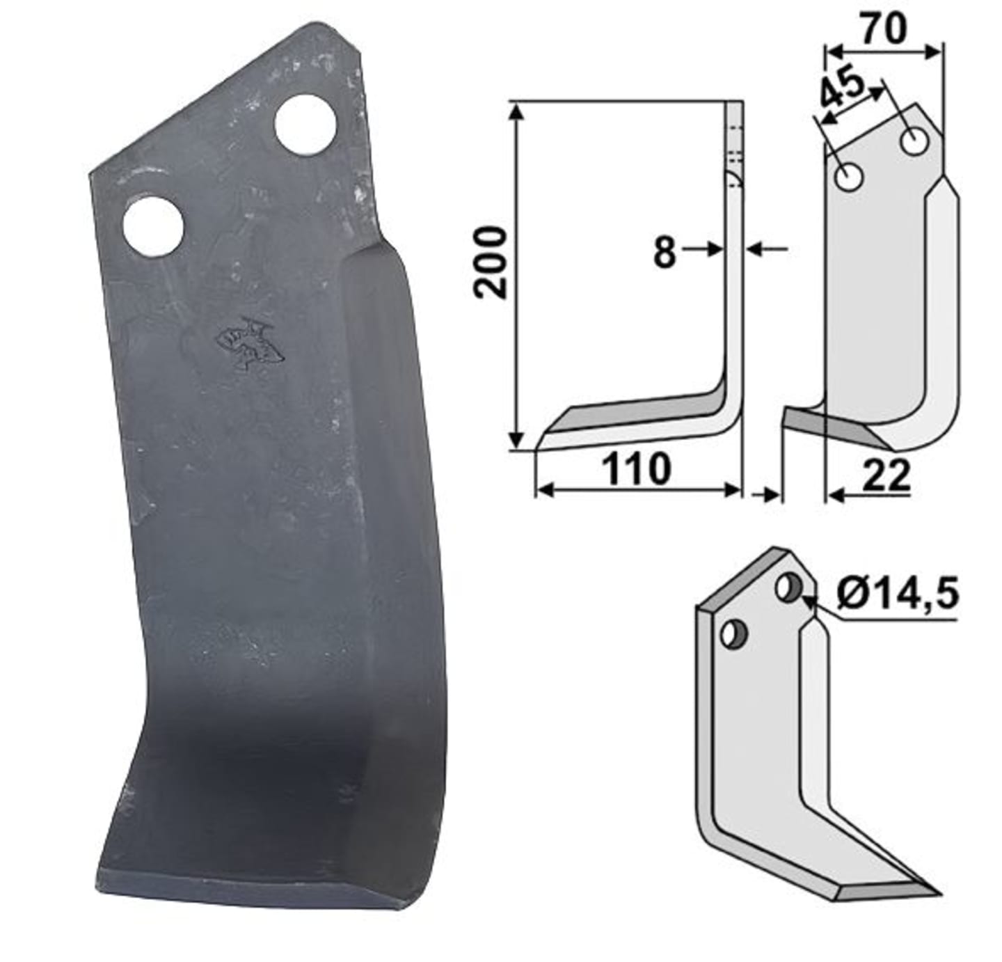 Industriehof® Fräsmesser links/rechts 200 x 70 x 8 mm, Bohrung 14,5 mm, gewinkelt, für Maletti