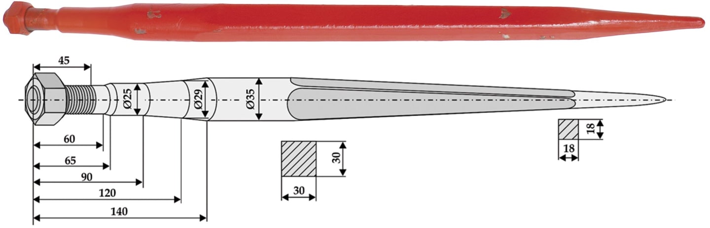 Industriehof® Frontladerzinken 640 mm, M 22 x 1,5 AG, spitz, gerade, für Faucheux, 18819