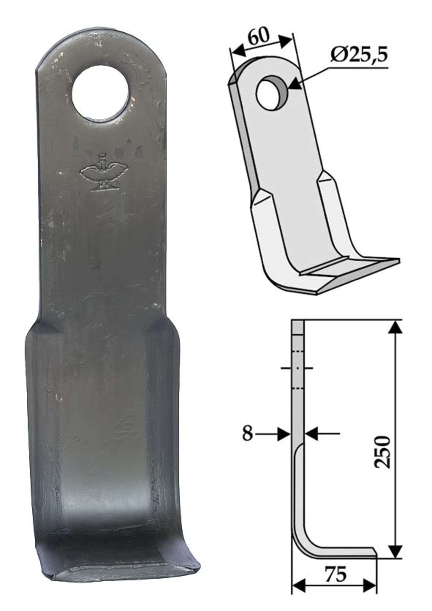 Industriehof® Y-Messer 250 x 60 x 8 mm, Bohrung 25,5 mm, Tiefe 75 mm, für Agrimaster, 63-FEI-03