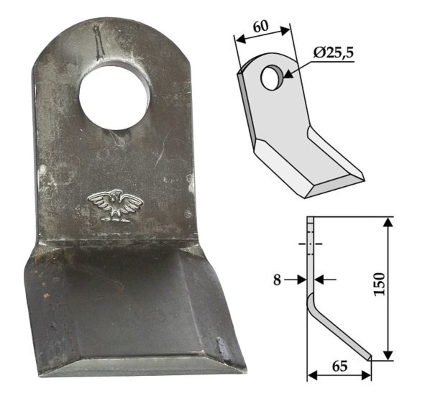 Industriehof® Y-Messer 150 x 60 x 8 mm, Bohrung 25,5 mm, für Mulcher Leckron, 63-IND-07