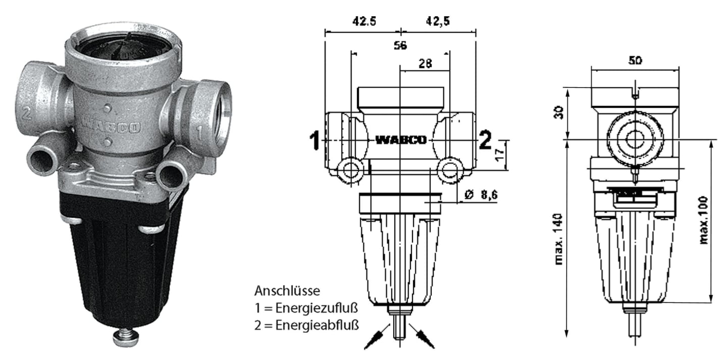 Wabco Druckbegrenzungsventil Ausgesteuerter Druck 5,7 + 0,3 bar Einstellbereich (kalk) 1,2 – 6,2 bar, Entlüftung Nennweite 4 mm, Neuteil, 475 010 309 0