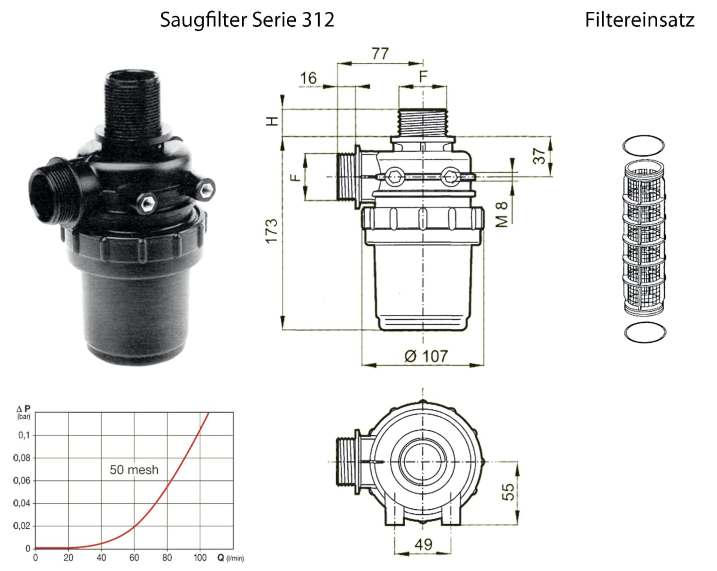 Agrotop Saugfilter "312" weiß; blau, G 1 1/4" AG BSP, H 23 mm, Filterfläche 99 cm², 10914