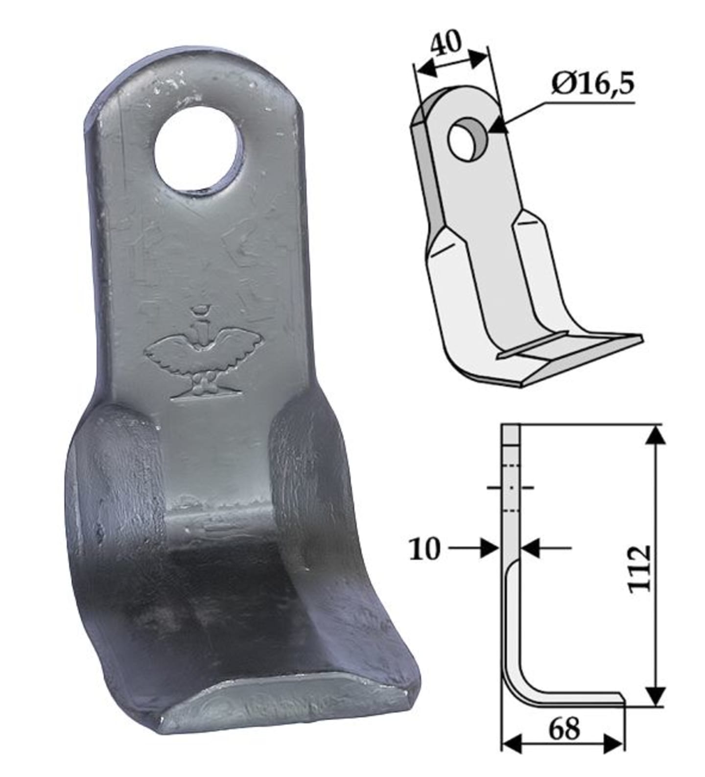 Industriehof® Y-Messer 112 x 40 x 10 mm, Bohrung 16,5 mm, für Mulcher Aedes, Pircher, 63-AED-10