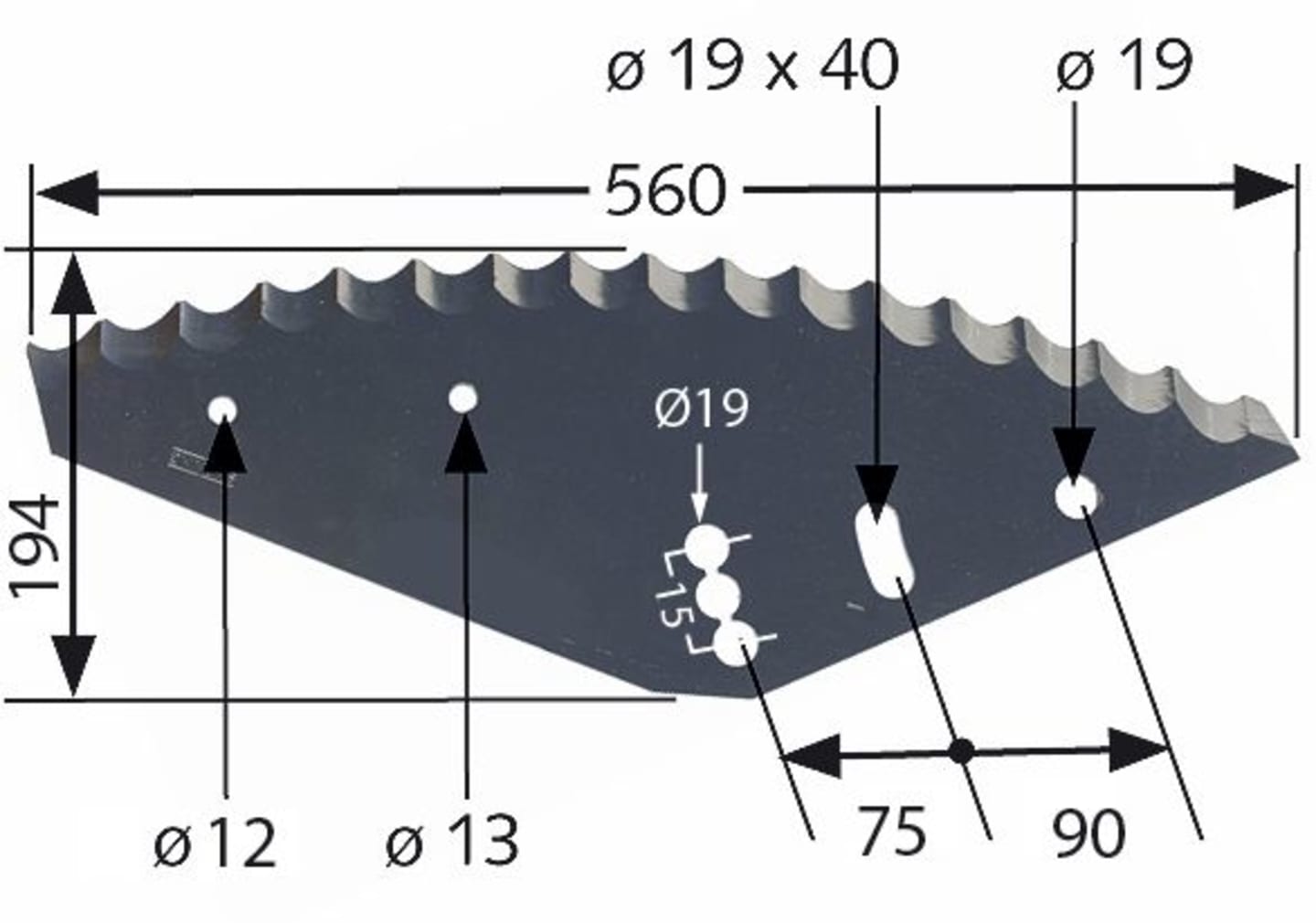MWS Messer 560 x 194 x 5 mm halbrund, gezahnt, für Mischwagen Siloking, 30-0560-68-01-2