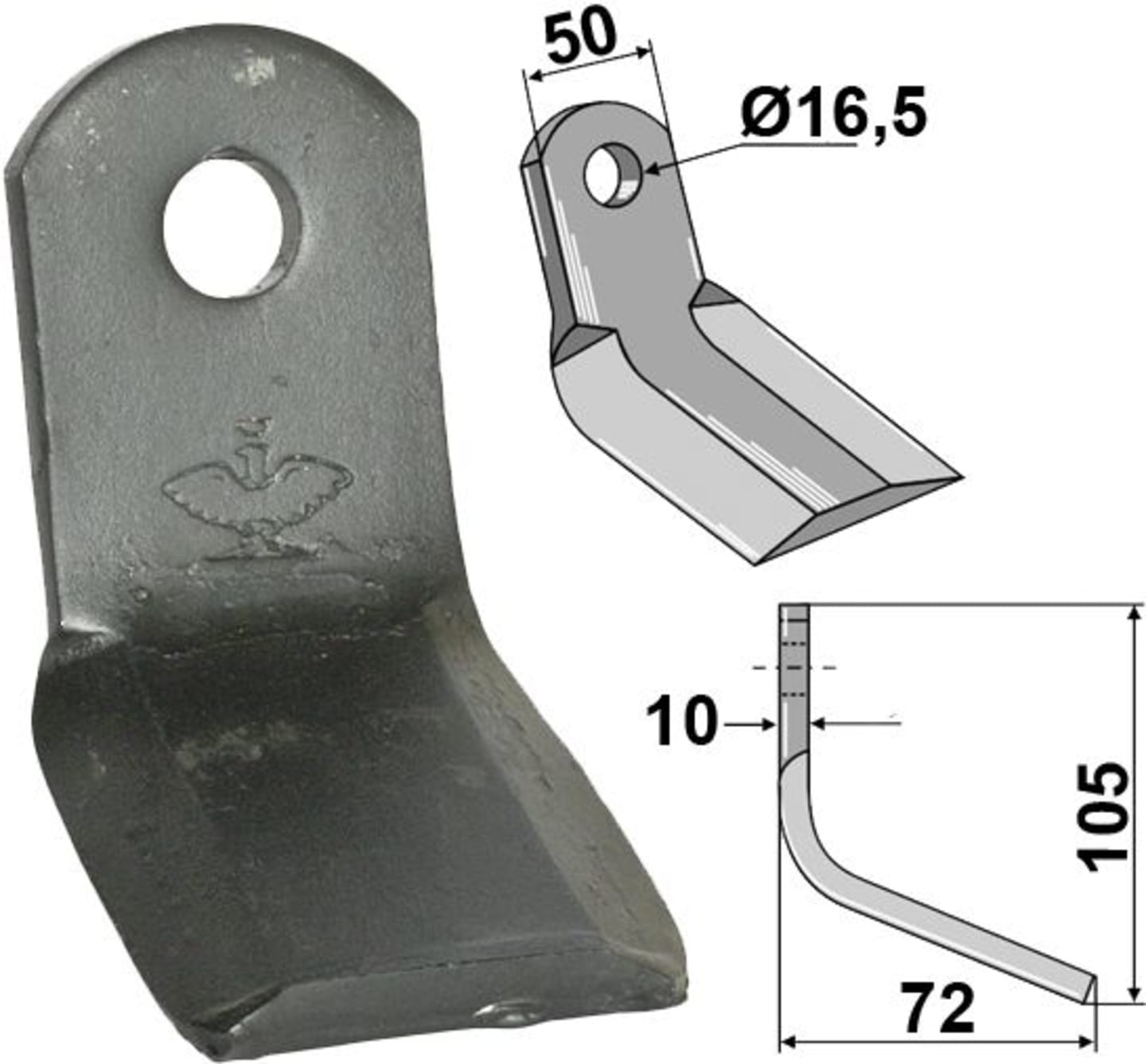 Industriehof® Y-Messer 105 x 50 x 10 mm, Bohrung 16,5 mm, für Mulcher M.E.A.A.T., Alpego, 63-MEA-10