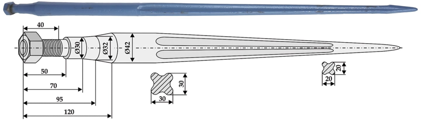 Industriehof® Frontladerzinken 1.100 mm, M 27 x 1,5 AG, spitz, gerade, für Frost, 181107