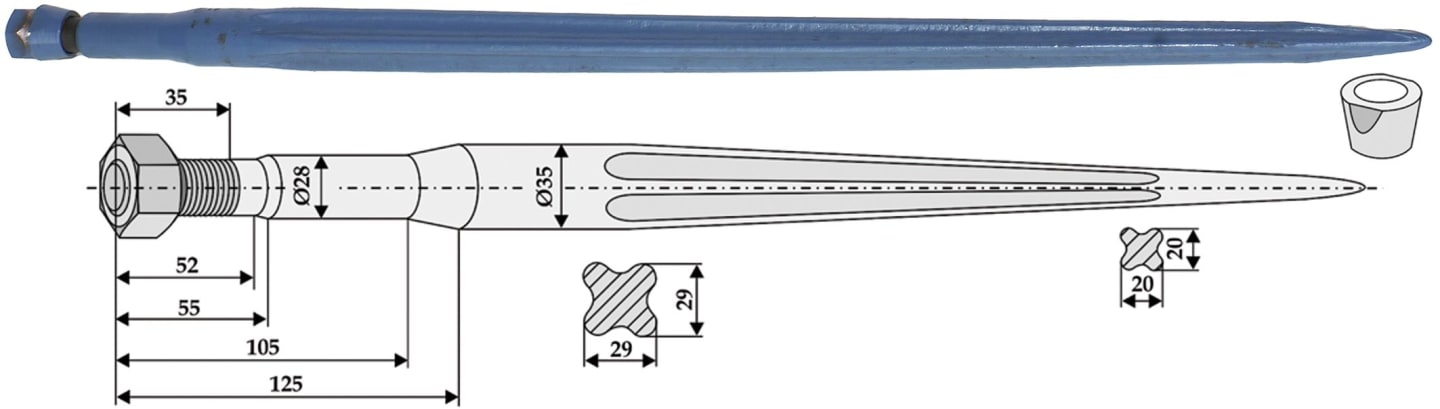 Industriehof® Frontladerzinken 800 mm, M 22 x 1,5 AG, spitz, gerade, für Frost, 18804