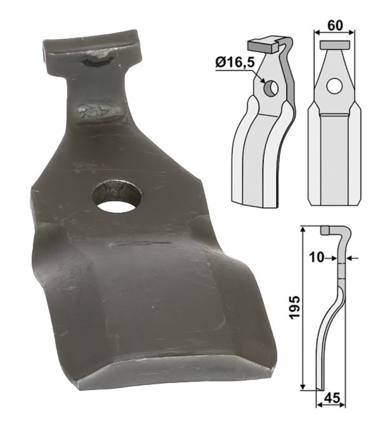 Industriehof® Rotorzinken links/rechts 195 x 60 x 10 mm, Bohrung 16,5 mm für Pegoraro, PEG-06