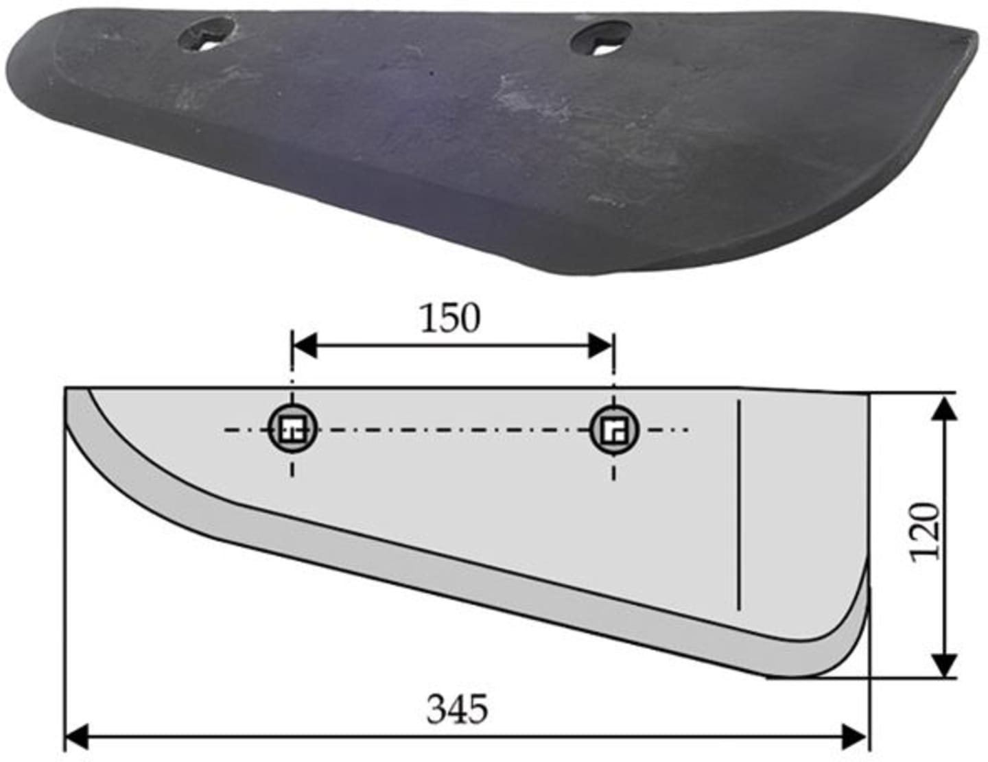 Industriehof® Rübenroderschar rechts, 345 x 7 mm, Tiefe 120 mm für Holmer, Kleine, Stoll, Unsinn Rübenroder, 34-2102R