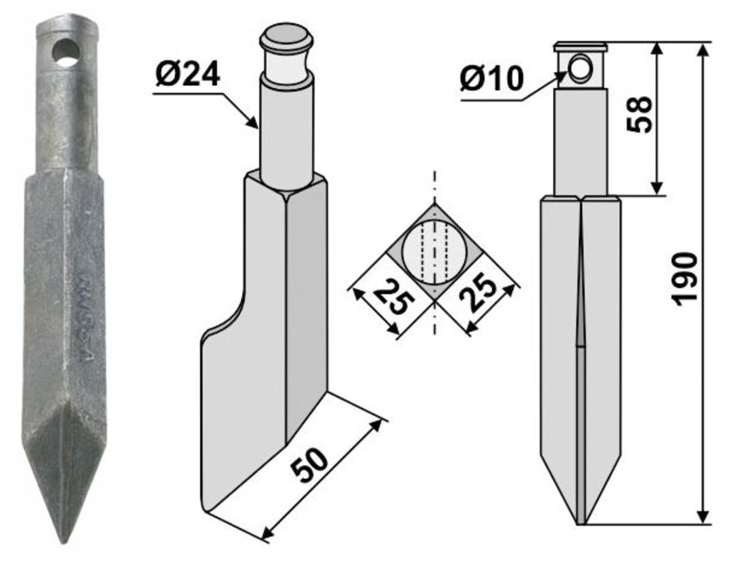 Industriehof® Rotorzinken links/rechts 190 x 25 x 25 mm, Bohrung 10 mm für Rau, RH55A