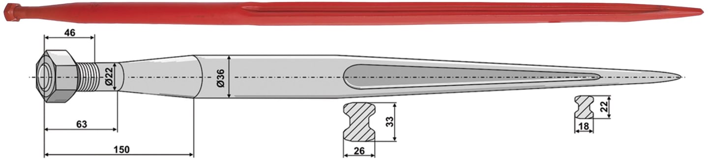 Industriehof® Frontladerzinken 1.100 mm, M 22 x 1,5 AG, spitz, gerade, für Weidemann, 181121