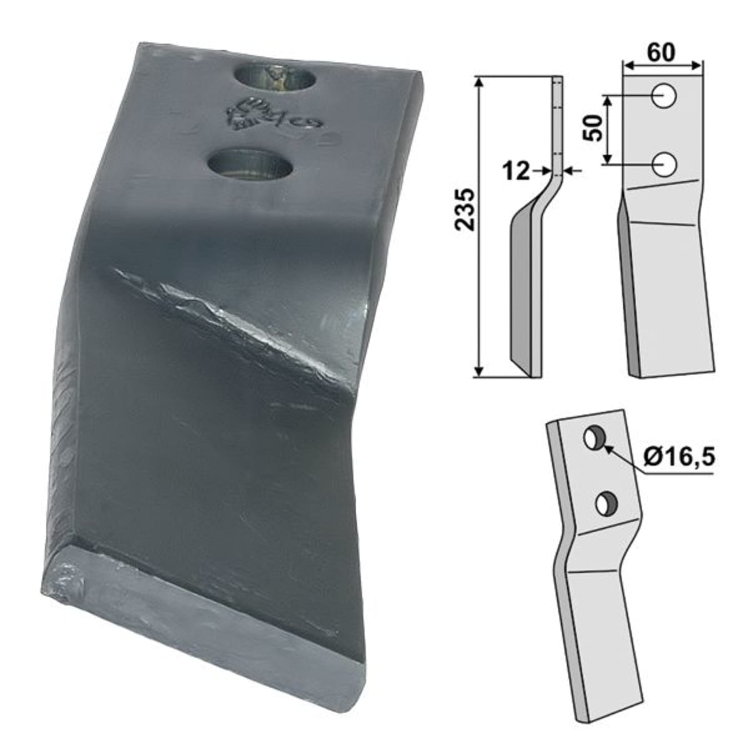 Industriehof® Rotorzinken links/rechts 235 x 60 x 12 mm, Bohrung 16,5 mm für Howard